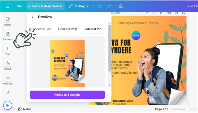 Tilpas størrelsen af dine designs i Canva - preview valgte designs